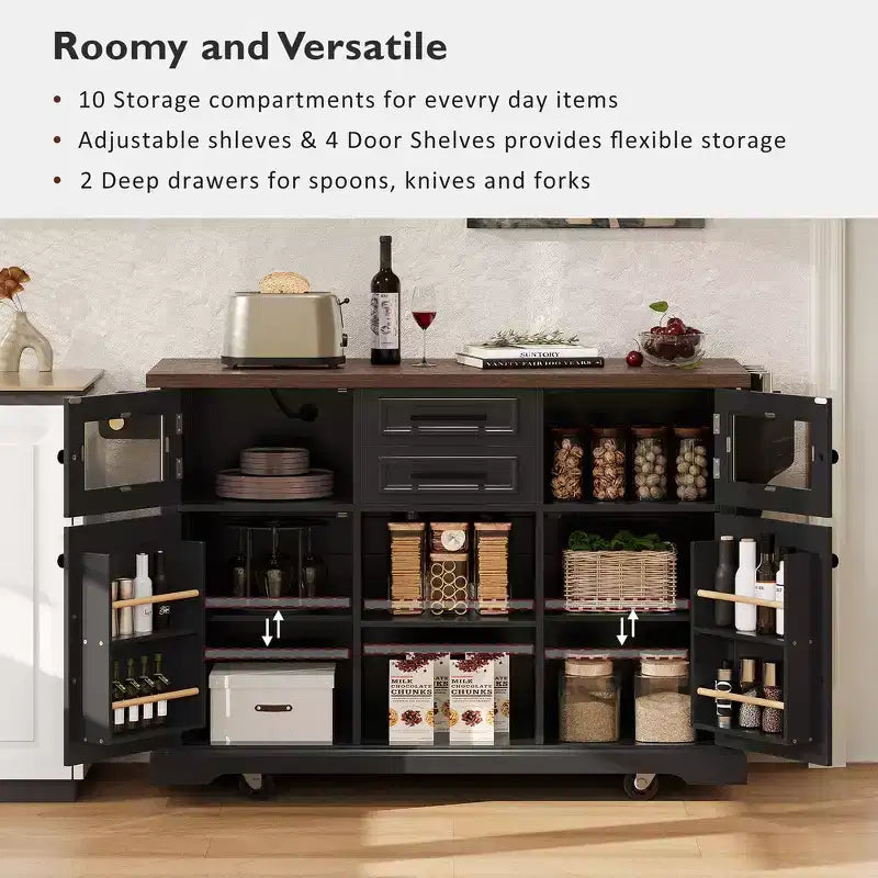 Whisen 54.9 Kitchen Island, Drop Leaf, Power Outlet, Cross Barn Doors & 4 Wheels