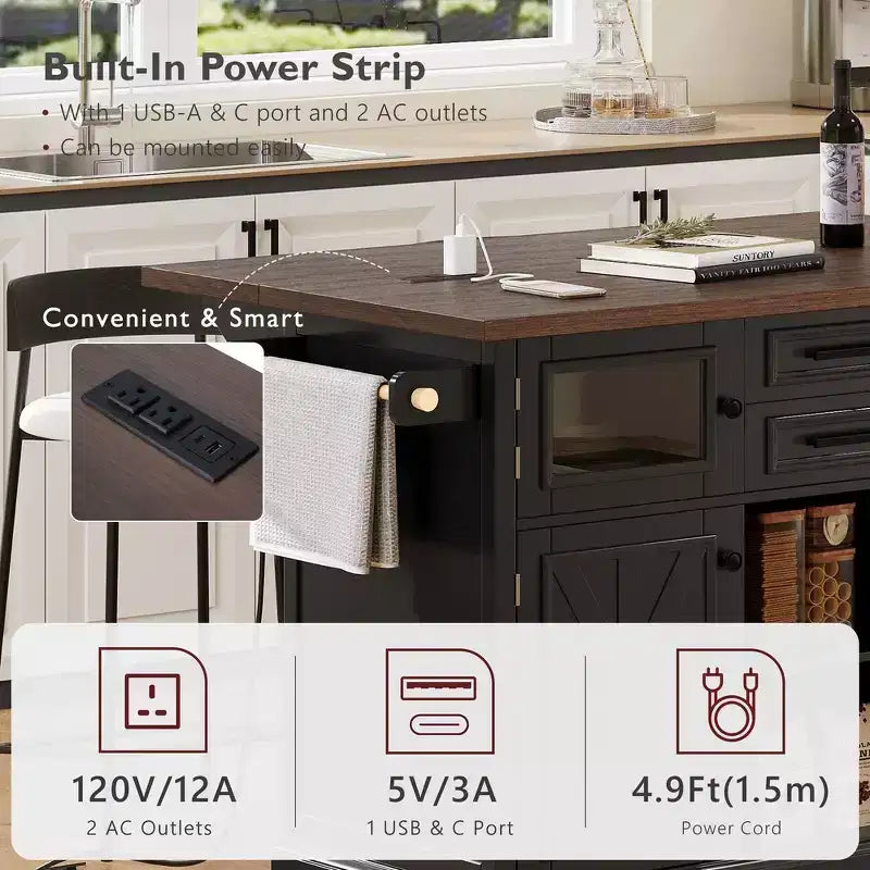 Whisen 54.9 Kitchen Island, Drop Leaf, Power Outlet, Cross Barn Doors & 4 Wheels
