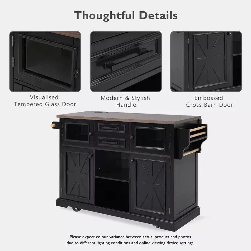 Whisen 54.9 Kitchen Island, Drop Leaf, Power Outlet, Cross Barn Doors & 4 Wheels