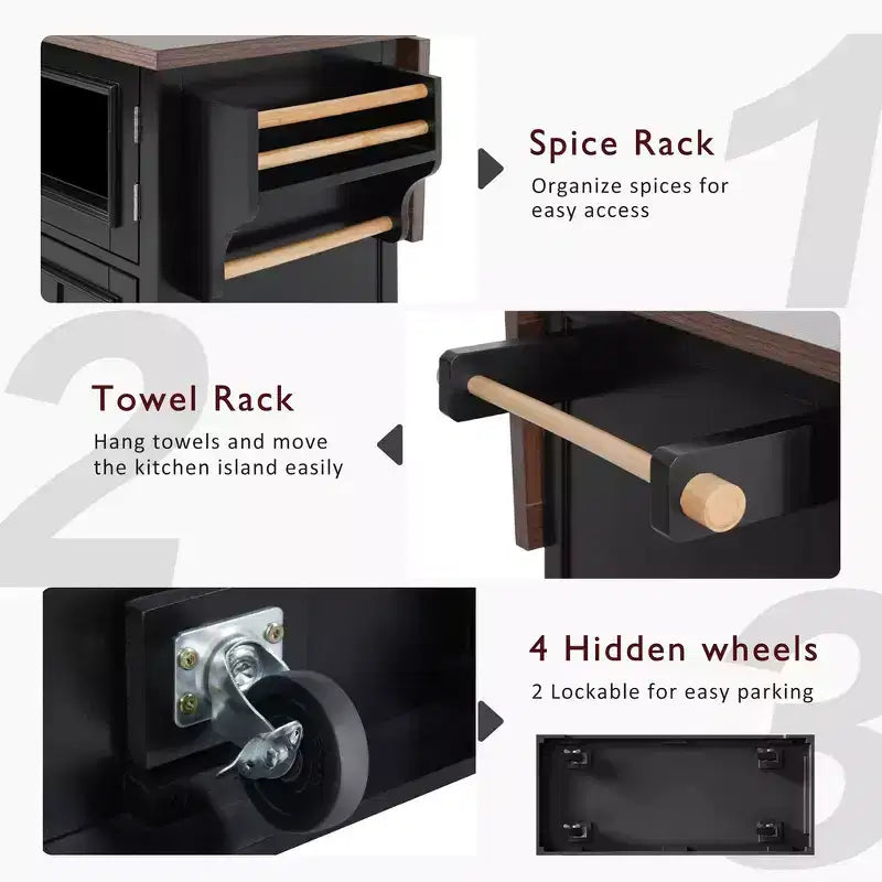 Whisen 54.9 Kitchen Island, Drop Leaf, Power Outlet, Cross Barn Doors & 4 Wheels