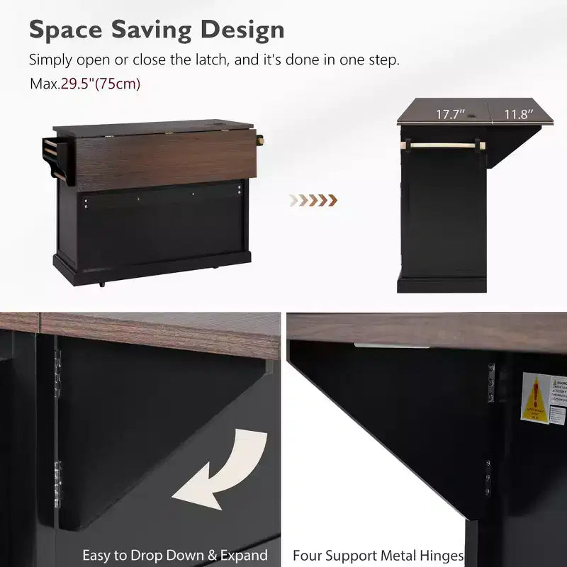 Whisen 54.9 Kitchen Island, Drop Leaf, Power Outlet, Cross Barn Doors & 4 Wheels