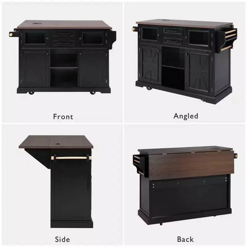 Whisen 54.9 Kitchen Island, Drop Leaf, Power Outlet, Cross Barn Doors & 4 Wheels