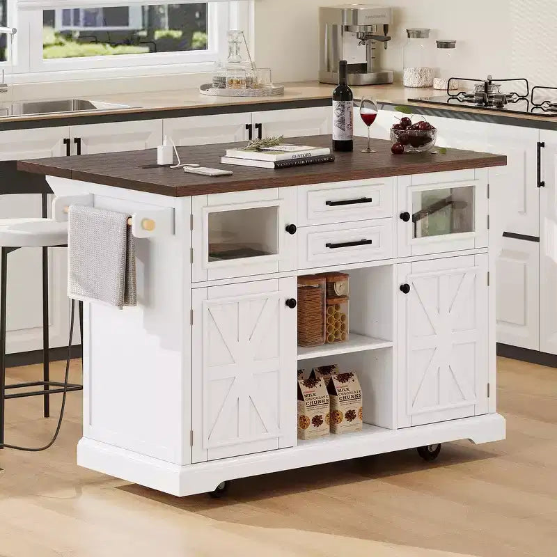 Whisen 54.9 Kitchen Island, Drop Leaf, Power Outlet, Cross Barn Doors & 4 Wheels