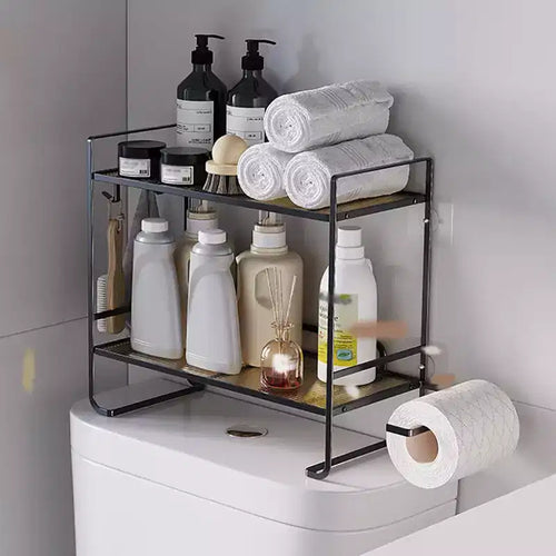 2-Tier Bathroom Counter Organizer, No Drilling Over Toilet Storage Shelf with Toilet Paper Holder and Hanging Hooks, Rustproof Meal Shower Organizer