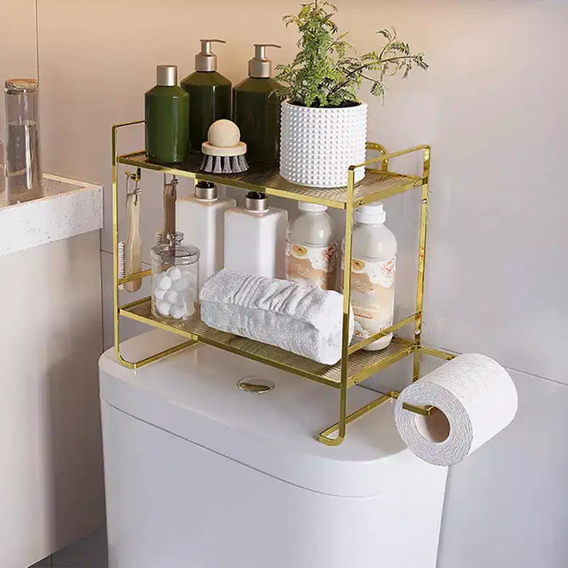 2-Tier Bathroom Counter Organizer, No Drilling Over Toilet Storage Shelf with Toilet Paper Holder and Hanging Hooks, Rustproof Meal Shower Organizer