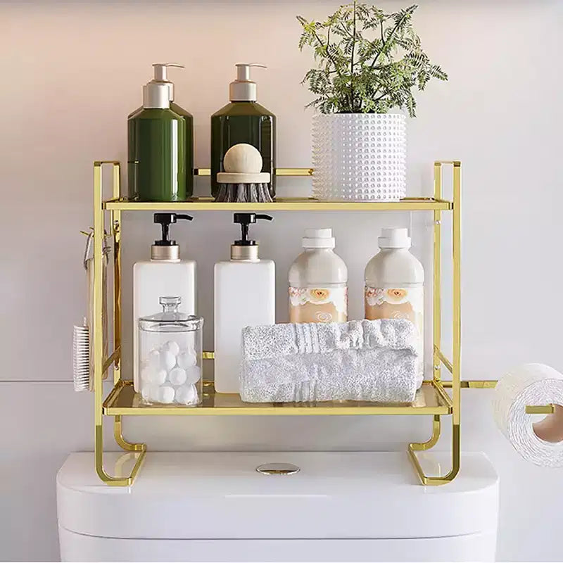 2-Tier Bathroom Counter Organizer, No Drilling Over Toilet Storage Shelf with Toilet Paper Holder and Hanging Hooks, Rustproof Meal Shower Organizer