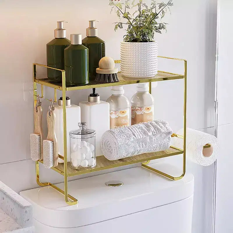 2-Tier Bathroom Counter Organizer, No Drilling Over Toilet Storage Shelf with Toilet Paper Holder and Hanging Hooks, Rustproof Meal Shower Organizer