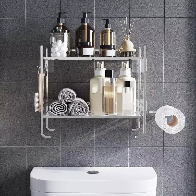2-Tier Bathroom Counter Organizer, No Drilling Over Toilet Storage Shelf with Toilet Paper Holder and Hanging Hooks, Rustproof Meal Shower Organizer