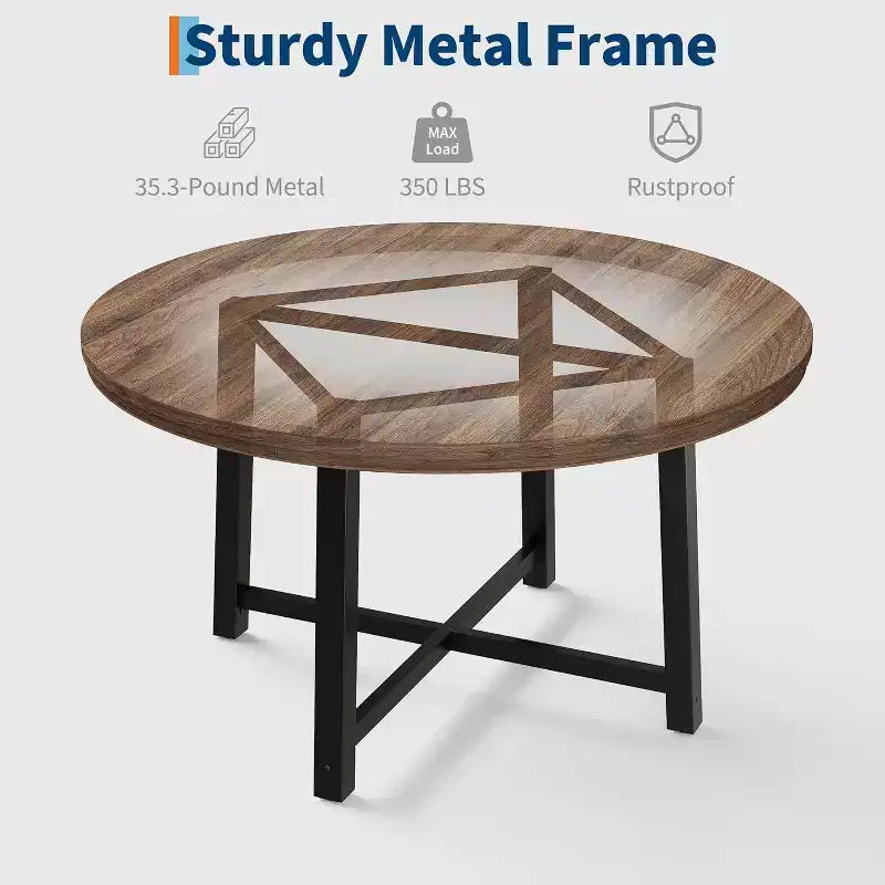 CuisinSmart 47.2 Round Dining Table, Industrial Dinner Table for 4 to 6, Wooden Kitchen Table with Sturdy Metal Frame & Rustic Finish