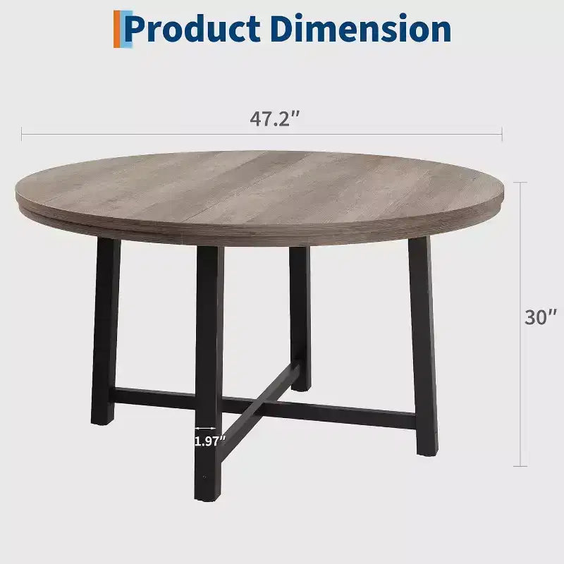 CuisinSmart 47.2 Round Dining Table, Industrial Dinner Table for 4 to 6, Wooden Kitchen Table with Sturdy Metal Frame & Rustic Finish
