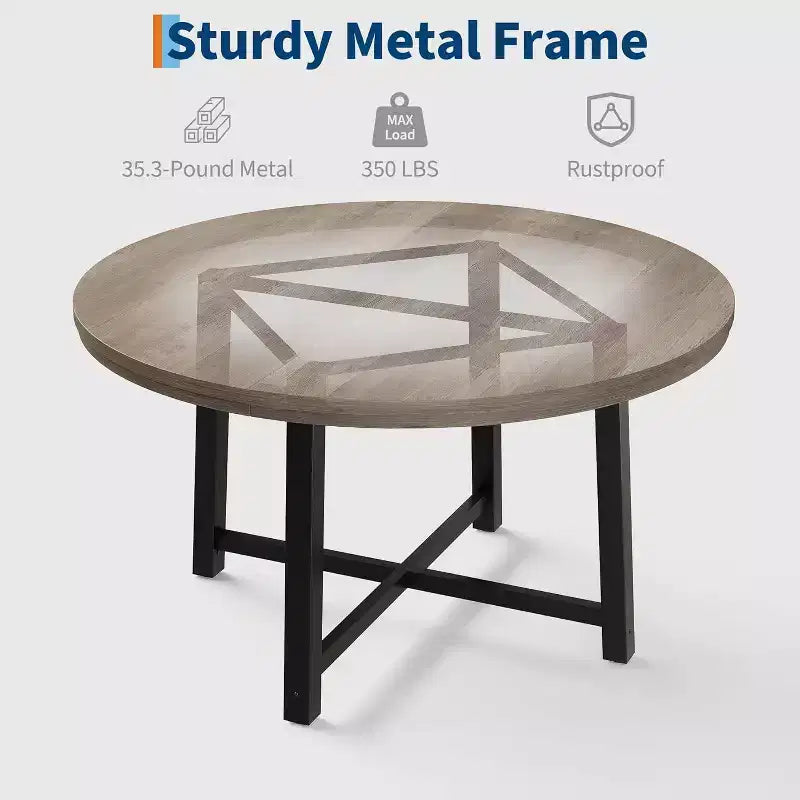 CuisinSmart 47.2 Round Dining Table, Industrial Dinner Table for 4 to 6, Wooden Kitchen Table with Sturdy Metal Frame & Rustic Finish