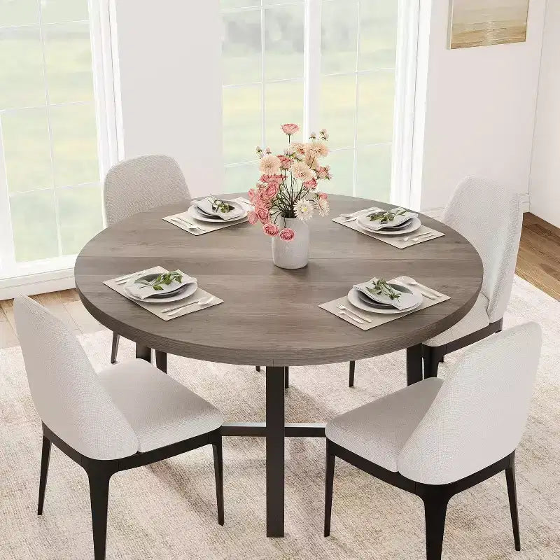 CuisinSmart 47.2 Round Dining Table, Industrial Dinner Table for 4 to 6, Wooden Kitchen Table with Sturdy Metal Frame & Rustic Finish