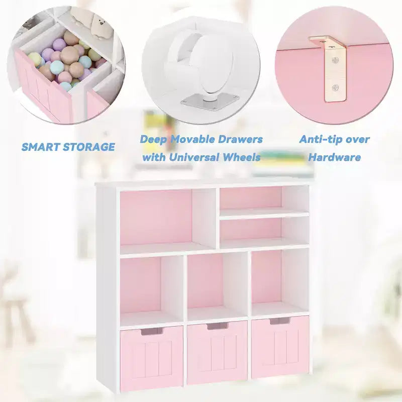 Kids Toy Storage Organizer with 3 Movable Drawers and 6 Storage Cubbies for Living Room, Playroom, Nursery, Bedroom, White and Pink