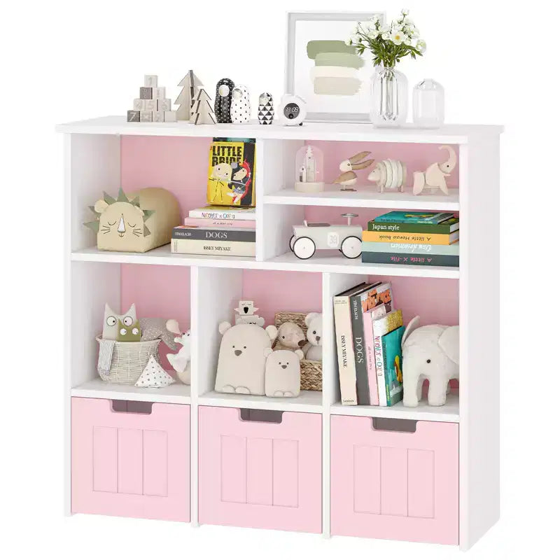 Kids Toy Storage Organizer with 3 Movable Drawers and 6 Storage Cubbies for Living Room, Playroom, Nursery, Bedroom, White and Pink