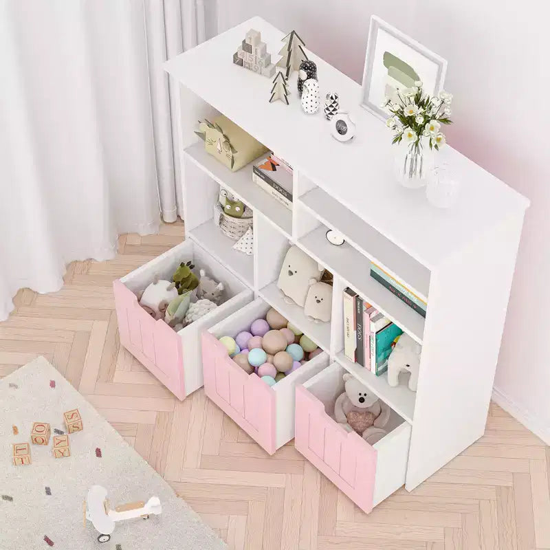 Kids Toy Storage Organizer with 3 Movable Drawers and 6 Storage Cubbies for Living Room, Playroom, Nursery, Bedroom, White and Pink