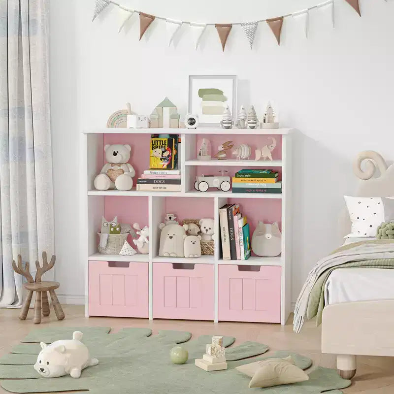 Kids Toy Storage Organizer with 3 Movable Drawers and 6 Storage Cubbies for Living Room, Playroom, Nursery, Bedroom, White and Pink