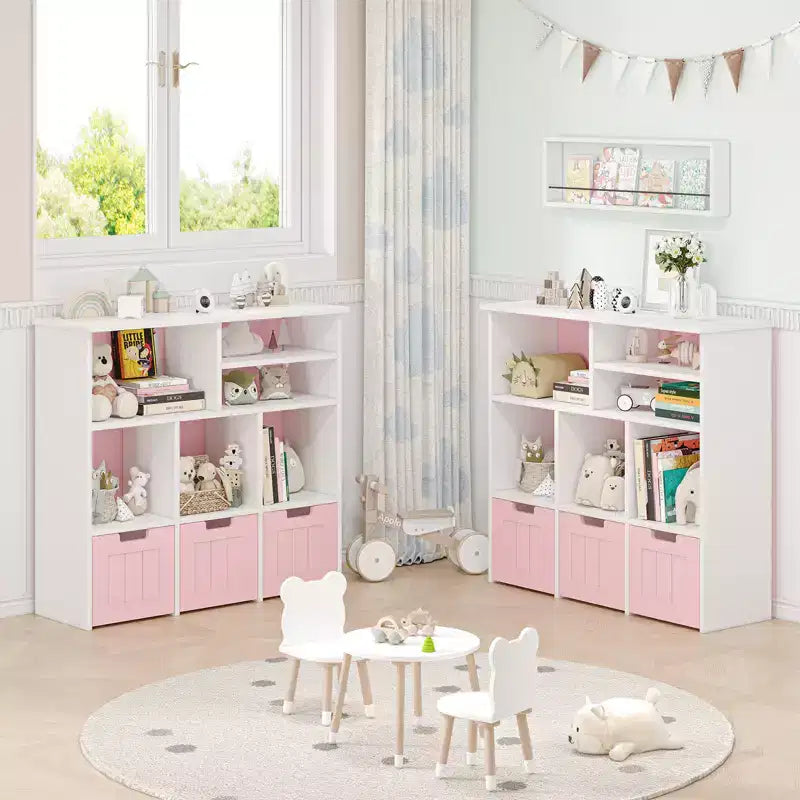 Kids Toy Storage Organizer with 3 Movable Drawers and 6 Storage Cubbies for Living Room, Playroom, Nursery, Bedroom, White and Pink