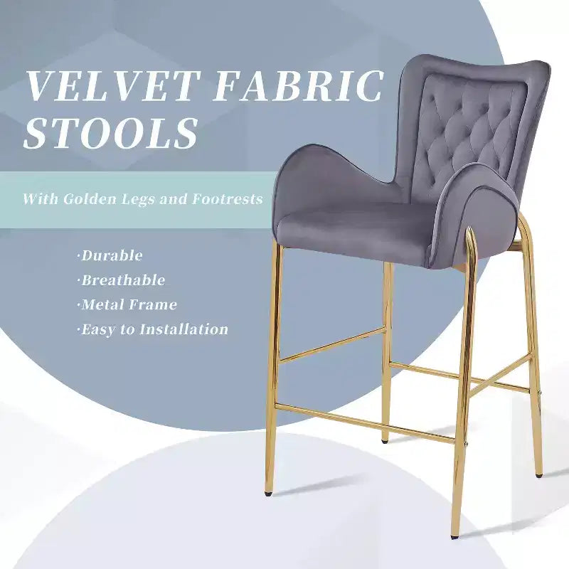 MAYEERTY Set of 2 28.75in Counter Height Bar Stools Velvet Upholstered Golden Legs With Footrest Gray for Kitchen Island