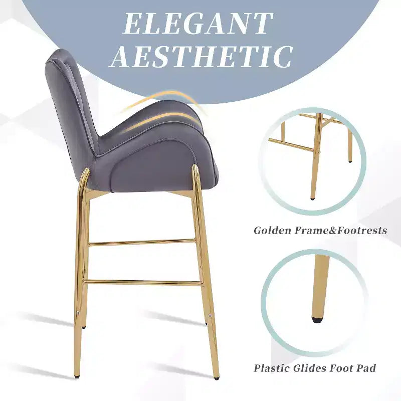 MAYEERTY Set of 2 28.75in Counter Height Bar Stools Velvet Upholstered Golden Legs With Footrest Gray for Kitchen Island
