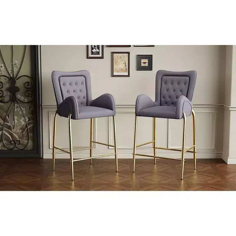 MAYEERTY Set of 2 28.75in Counter Height Bar Stools Velvet Upholstered Golden Legs With Footrest Gray for Kitchen Island