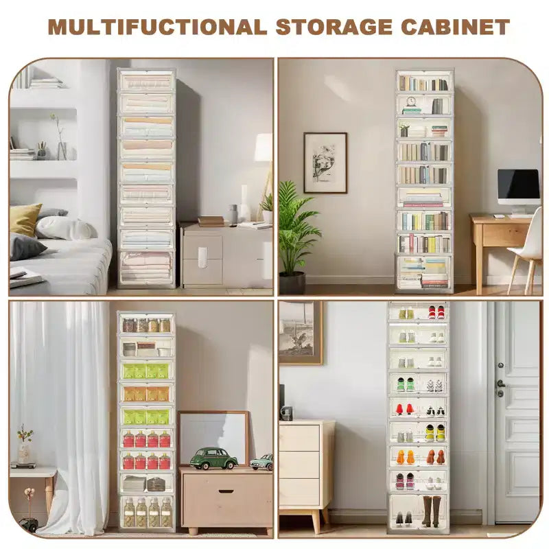 9 Tier Foldable Shoe Rack Organizer, Collapsible Shoe Storage Cabinet with Lids and Magnetic Clear Door , Shoes Storage Boxes for Hallway