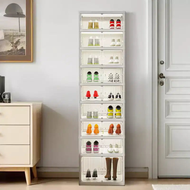 9 Tier Foldable Shoe Rack Organizer, Collapsible Shoe Storage Cabinet with Lids and Magnetic Clear Door , Shoes Storage Boxes for Hallway