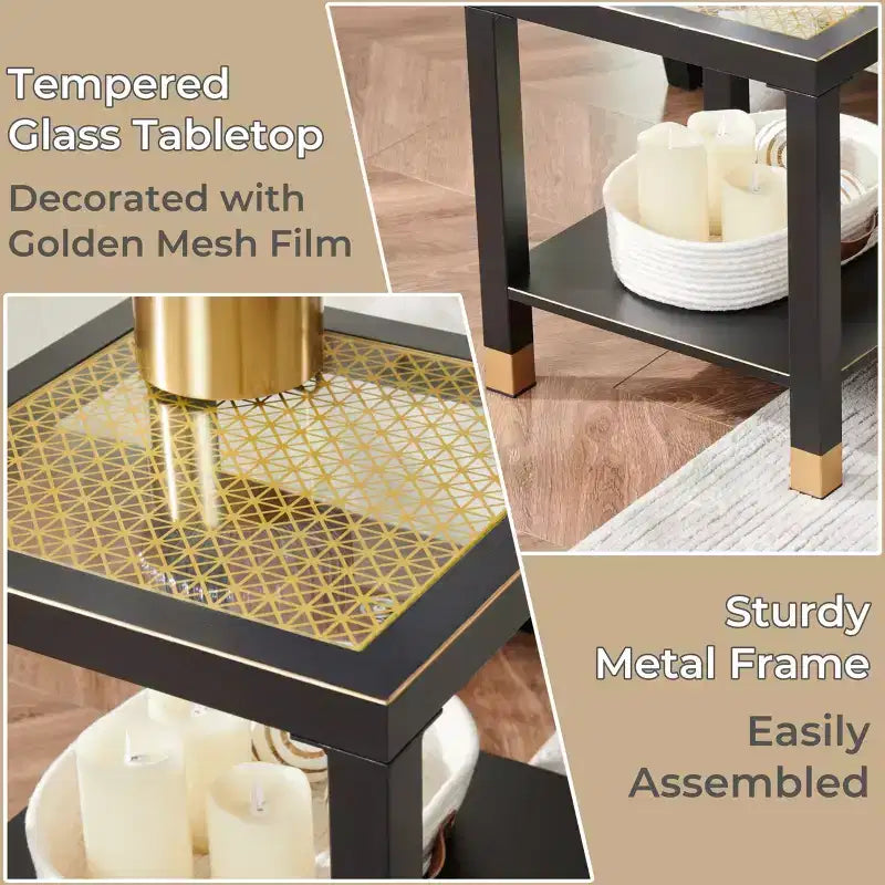 Probe Hues Mid-Century Metal & Glass End Table - Storage Shelf & Sofa-Side Height