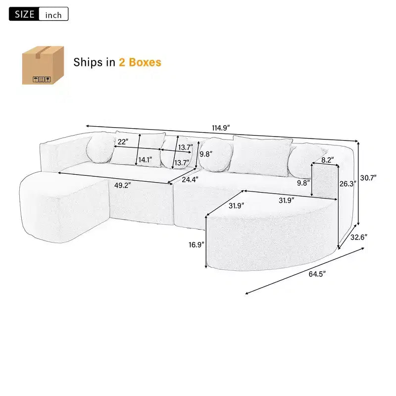 Whisen Boneless Couch Modular Sectional Sofa & Compression Sofa with Deep Seating and Curved Design