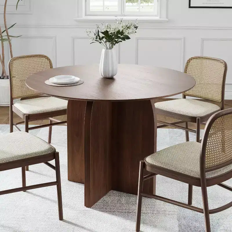 PexFix 42 x42 Solid Wood Round Dining Table with Walnut Finish and Elegant Arched Legs for Modern Dining Rooms & Kitchens