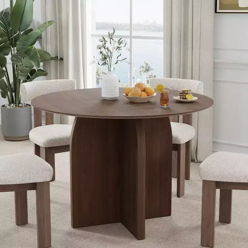 PexFix 42 x42 Solid Wood Round Dining Table with Walnut Finish and Elegant Arched Legs for Modern Dining Rooms & Kitchens