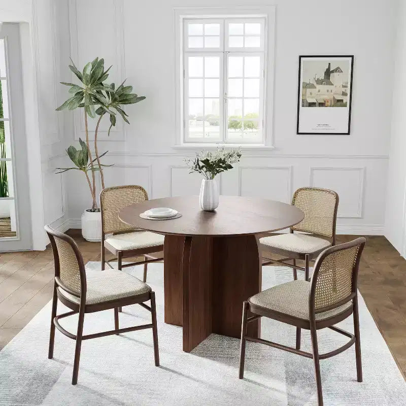 PexFix 42 x42 Solid Wood Round Dining Table with Walnut Finish and Elegant Arched Legs for Modern Dining Rooms & Kitchens