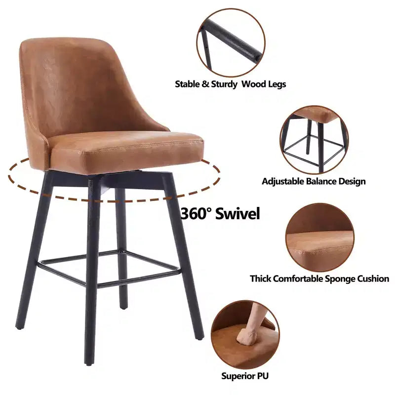 26 Counter Height Barstools,Mid Century Bar Chairs with Back & Wood Legs for Dining Room Kitchen Island