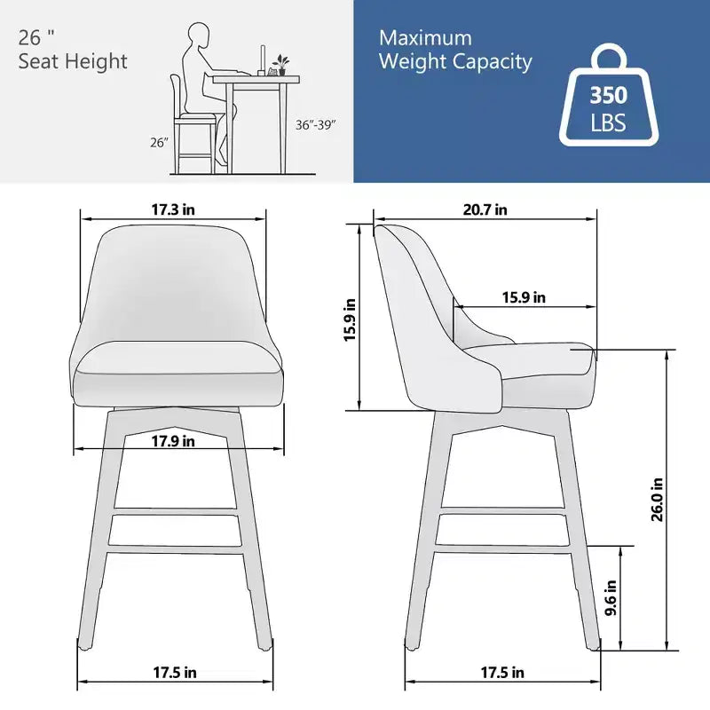 26 Counter Height Barstools,Mid Century Bar Chairs with Back & Wood Legs for Dining Room Kitchen Island