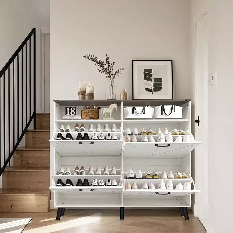 Shoe Cabinet with 4 Flip Drawers, Freestanding Shoe Rack with Open Storage, Shoe Storage Organizer, Narrow Shoe Cabinet for Living Room