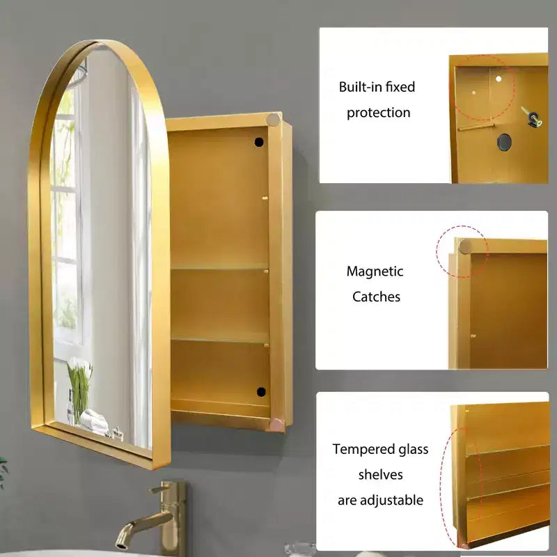 24x36 Inch Arched Recessed Medicine Cabinet, Metal Framed Bathroom Wall Cabinet with Mirror and Adjustable Shelves