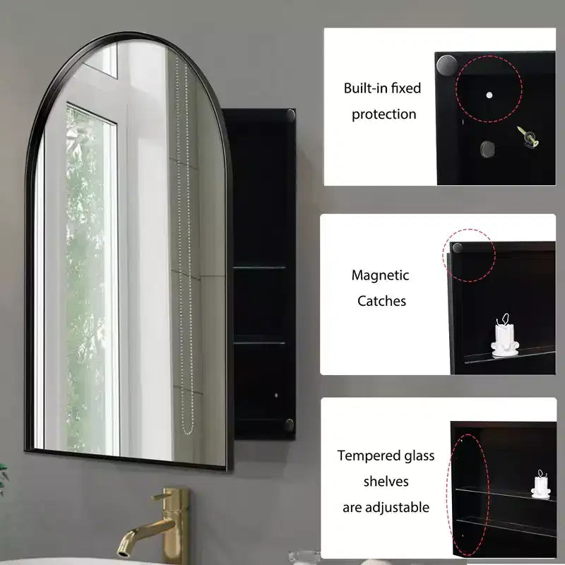 24x36 Inch Arched Recessed Medicine Cabinet, Metal Framed Bathroom Wall Cabinet with Mirror and Adjustable Shelves
