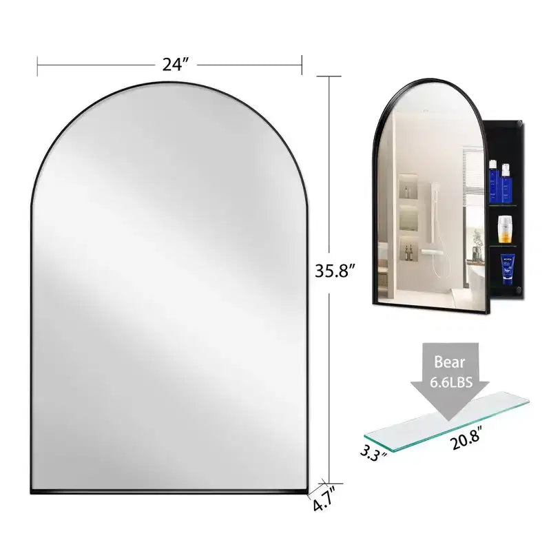 24x36 Inch Arched Recessed Medicine Cabinet, Metal Framed Bathroom Wall Cabinet with Mirror and Adjustable Shelves