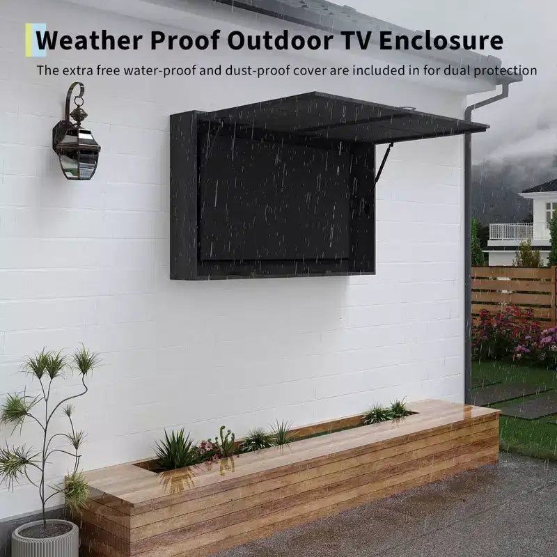 Outdoor Wooden TV Display Protector, 48 inch Solid Waterproof Adjustable Television Hard Box with Extra Cover and Telescopic Bracket Black