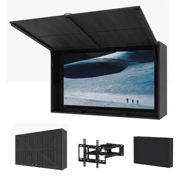Outdoor Wooden TV Display Protector, 48 inch Solid Waterproof Adjustable Television Hard Box with Extra Cover and Telescopic Bracket Black