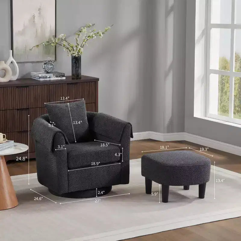 Swivel Accent Chair with Ottoman Set, Modern Chenille Barrel Armchair with Back Pillow & 2 Armrest Covers for Living Room, Bedroom, Office