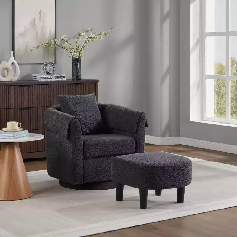 Swivel Accent Chair with Ottoman Set, Modern Chenille Barrel Armchair with Back Pillow & 2 Armrest Covers for Living Room, Bedroom, Office