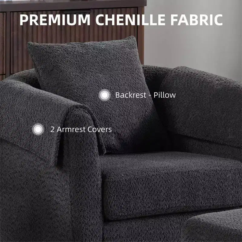 Swivel Accent Chair with Ottoman Set, Modern Chenille Barrel Armchair with Back Pillow & 2 Armrest Covers for Living Room, Bedroom, Office