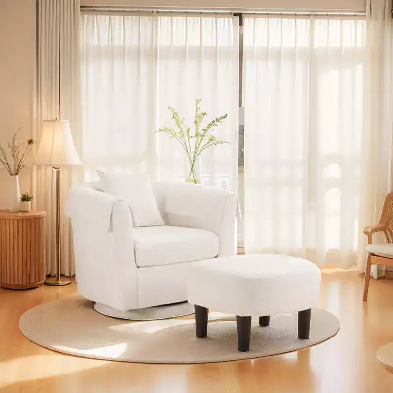 Swivel Accent Chair with Ottoman Set, Modern Chenille Barrel Armchair with Back Pillow & 2 Armrest Covers for Living Room, Bedroom, Office