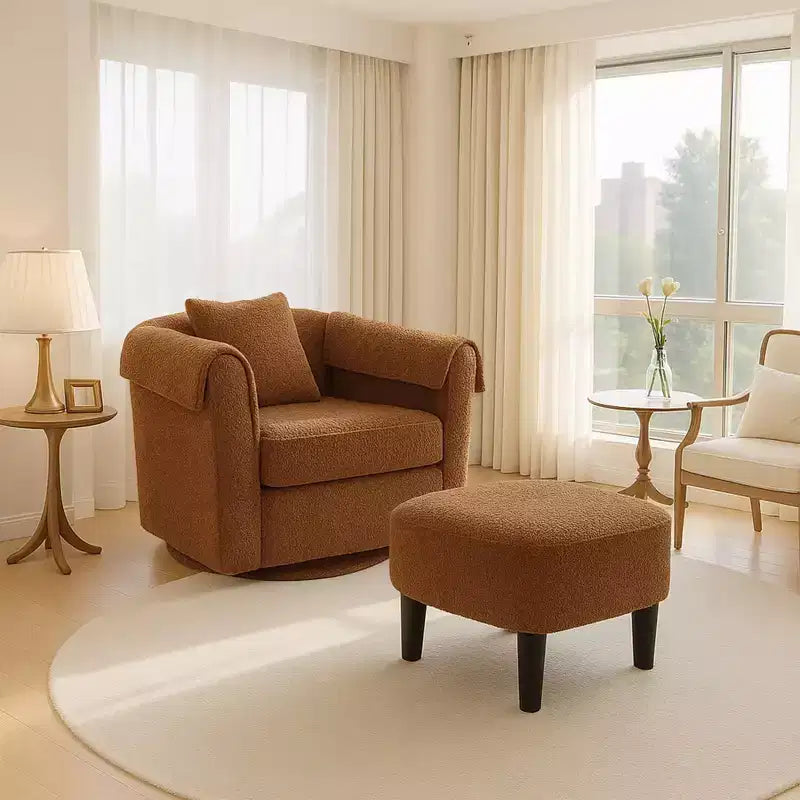 Swivel Accent Chair with Ottoman Set, Modern Chenille Barrel Armchair with Back Pillow & 2 Armrest Covers for Living Room, Bedroom, Office