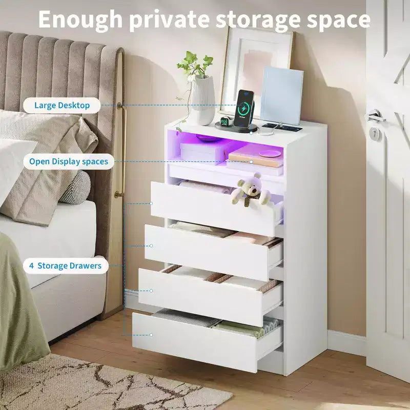 Modern 4 Drawer Dresser with LED Light and Charging Station, White Storage Chest with Power Outlet, Accent Double Dresser