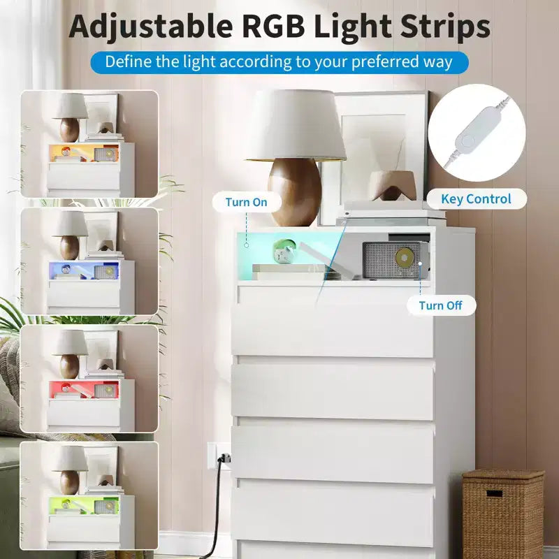 Modern 4 Drawer Dresser with LED Light and Charging Station, White Storage Chest with Power Outlet, Accent Double Dresser