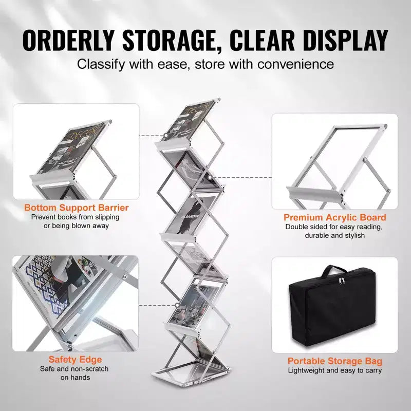 VEVOR Foldable Magazine Display Rack, 6 Pockets Pop-Up Brochure Display Stand, Double-Sided Display Catalog Literature Holder Stand, Silver