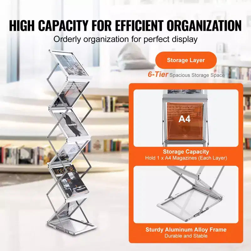 VEVOR Foldable Magazine Display Rack, 6 Pockets Pop-Up Brochure Display Stand, Double-Sided Display Catalog Literature Holder Stand, Silver