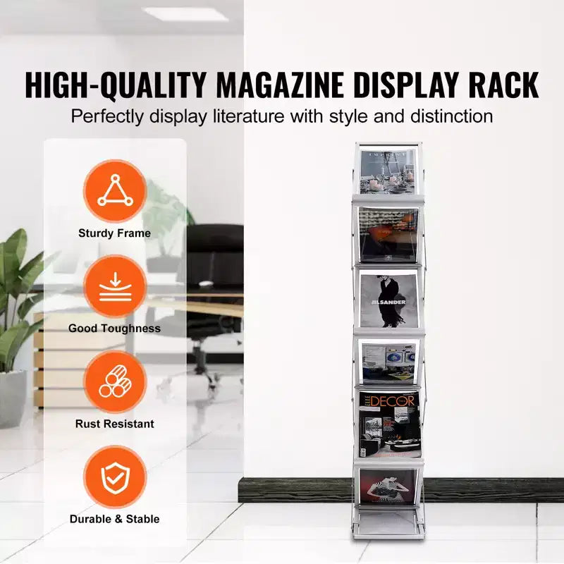 VEVOR Foldable Magazine Display Rack, 6 Pockets Pop-Up Brochure Display Stand, Double-Sided Display Catalog Literature Holder Stand, Silver