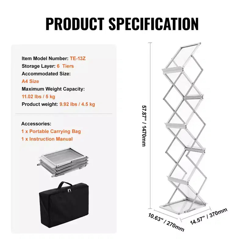VEVOR Foldable Magazine Display Rack, 6 Pockets Pop-Up Brochure Display Stand, Double-Sided Display Catalog Literature Holder Stand, Silver